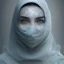 Placeholder: clouds of gray fog as woman's face, dissolving, disintegrating, wearing blue hijab, fine detail, highly intricate, wearing blue hijab, modern surrealism painting, fog, high-quality, volumetric lighting, 8k, ultrahd, George Grie, Marco Escobedo, Igor Morski,Brian Froud, Howard Lyon, Selina French,