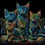 Placeholder: A cat with blue eyes is sitting on an armchair and next to her are three sweet and beautiful kittens against a black background and they are all looking at the camera, computer graphics by Louis Wayne, Behans, psychedelic art, quantum wave racing, psychedelic, mystical