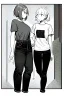 Placeholder: an elegant girl and another dressed in jeans and a T-shirt walk in Tokyo, line arts, greyscale