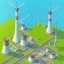 Placeholder: isometric architecture illustration of a village in the mountains with a power plant and a communication tower