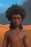 Placeholder: 3D render of a cyberpunk tribal young black man, black afro hair, ragged shirt, on a orange dune background, digital art