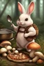 Placeholder: Cute chubby bunny floppy ears adventurer dnd cooking with mushrooms art realism