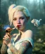 Placeholder: Ultra realistic wonderland photo, happy blonde woman smoking a pipe, blue dress, white rabbit pet, circus dress style, old school tattoo, smoke, marijuana garden, glow eyes, perfect iris, soft color, highly detailed, unreal engine 5, ray tracing, RTX, lumen lighting, ultra detail, volumetric lighting, high definition.