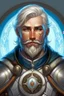 Placeholder: Please create an image for a 30-year old half-aasimar male with silver hair and a short, square beard and blue eyes. He is a cleric of Selune, whose symbol should be placed on the cleric's shield, if visible in the image. The cleric should be wearing chain mail, and carrying a warhammer or a mace and a shield