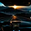 Placeholder: night time, a car dashboard lighting up, a dark mountain road in the windscreen, with a beautiful city in the distance, rising sun, photo quality