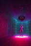 Placeholder: 3d, si-fi hunger , far away a girl in the middle stand on round platform, connected by wires , vr, beautifully color coded, super detailed, moody lighting, volumetric lighting, night time, mass effect, vertical glow, walls