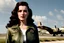 Placeholder: 8k 4d photo realistic highly detailed waist-up photo of a gorgeous 1940s woman with long dark curly hair wearing a white t-shirt and leather bomber jacket, standing under the nose of a huge WWII olive-drab B-17 bomber, cute fine pretty face, realistic shading, perfect symmetrical eyes, even small teeth, ambient light, medium distance, all in focus, upper torso