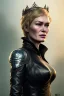 Placeholder: Cersei Lannister as evil queen in black leather coat, busty, cleavage, voluptuous, lena headay, angry, stern look. character design by cory loftis, fenghua zhong, ryohei hase, ismail inceoglu and ruan jia. unreal engine 5, artistic lighting, highly detailed, photorealistic, fantasy