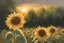 Placeholder: a loose painting of a sunflower field with a bright ray of sunlight hitting one of the flowers, trees around, warm, dreamy, magical ambience, traditional painting