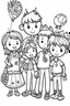 Placeholder: HAPPY NEW YEAR coloring page for kids, HAPPY NEW YEAR CELEBRATION PEOPLE thick outline, low details, no shading, no color