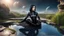 Placeholder: fantasy photo of a woman with black hair, sitting on a ledge over a pond, wearing an android-looking catsuit, sideways, with a planet behind her