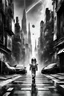 Placeholder: picture from a black and white grayscale cityscape. In the middle a color step transition 3d figure of a little girl walking in irridescent space suit on the street, contrast between her and the black and white scape space, enhancing the contrast between her and city , ultra quality, high digital illustration, cinematic, masterpiece, dystopian atmosphere, stunning