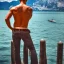 Placeholder: Man from behind is watching on tbe Lake Garda in Italy