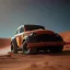 Placeholder: 3d rendering. futuristic black yellow red car. Buried in desert sand. Lost in Time, cinematic lighting