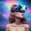 Placeholder: Woman with a VR headset running in futuristic Edimburgh on chrome water and rainbow sky