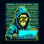 Placeholder: A grinning Monkey sitting in front of a laptop, hacking systems, wearing a hoodie and sunglasses. Matrix in background. Pixel Art. Profile Picture. Avatar. Pixel