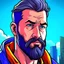 Placeholder: comic book realistic man with beard character closeup city background