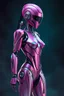 Placeholder: Hyper-realistic full-body 3D surreal digital painting of a female humanoid droid mechanic standing upright, perfect full-body proportions, elegant futuristic design, highly detailed mechanical anatomy with refined joints and precision engineering, sleek magenta metallic armor with subtle wear and realistic reflections, diamond-like crystalline accents integrated into the body design, cinematic pose showing full silhouette from head to feet, rich deep teal atmospheric background, soft volumetric