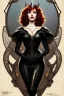 Placeholder: painting of christina hendricks as evil queen in black leather, feminie, angry, volouptous, busty, cleavage, emperious, mature, highly detailed, digital painting, artstation, concept art, smooth, sharp focus, illustration, art by gaston bussiere and alphonse mucha