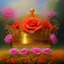 Placeholder: a dreamy yet sorrowful oil painting of a detailed golden crown next to a red rose on a bench in a flower garden