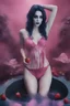 Placeholder: full body portrait - the corpse bride, wearing a pink, bikini in a hot tub - 32k, UHD, 1080p, 8 x 10, glossy professional quality digital photograph - dark blue and dark red, and light maroon and purple and foggy black gradated background with a paint splattered wall, strawberries, stars, planets, galaxies, an assortment of bright, colorful floral arrangements, black roses, blue roses, red roses, yellow roses, pink roses, dandelions, honeysuckle roses, tulips, carnations,