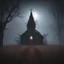 Placeholder: Hyper Realistic Haunted Dark Chapel between a Field & dry old tree at heavy foggy night