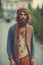 Placeholder: Hippie bohemian young man with Parisian bohemian look and glasses of colours and poor and short short short and poor hair on the head with receding hairline. Farsightedness glasses with big eyes. Long beard. Vintage look and feel like photo styleof the 70s