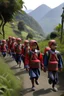 Placeholder: anak berangkat sekolah bertulis SMP Muhmmadiyah 2 sirampog didaerah pegunungan indonesia