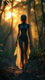 Placeholder: photoreal ultra realistic full body shot of the forever forward walking a beautiful girl translucent alien ,morphing and changing to leaves while walking from the forest glade at glowing dawn, otherworldly creature, photorealistic, bokeh masterpiece smooth shading, ultra detailed, high resolution, cinematic, unreal 6, subtle shadows, octane render, 8k, cinema 4d, HDR, dust effect, vivid colors