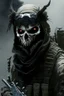 Placeholder: A soldier in the game modern warfare, he wears a skull mask with horns that covers his eyes. The lower half of his face is covered by a mask with a bloody fanged grin. He is a sniper, but can also run point. His call sign is Wraith. Couple