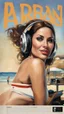 Placeholder: Hyper-detailed, Photography of a beautiful 48 years old woman wearing only a bikini and headphones, She is holding a sing with the text "PARABÉNS!", side pose face hidden wearing cap. trendy art ,art style by Robert Erod and Fabian Perez, photo, art by Ross Tran style reminiscent of illustrative books, digital art