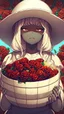 Placeholder: A 7-year-old little girl from Russia holds a lot of roses and puts them on her face, wears a plain white bucket hat, puts roses in front of her face so that her face is not visible, (many flowers: 1.2), soft light, golden hour, upper body, HDR, 8K, Natural Skin Texture, AO, Complex, Highly Detailed, Sharp Focus, Crazy Detail, Intricate Detail, Highly Detailed, The Girl Looked Down