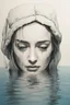 Placeholder: Artwork of t-shirt, Wide angle, half of face on water surface of a woman eyes are full of tears in swimming pool. Broken heart, sadness, down deep