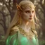 Placeholder: photoreal thirty-year-old Guardian high priestess of the Eladrin with leather skin with mystical eyes wearing green and orange garments in an enchanted golden forest at dawn by lee jeffries, octane render, 8k, high detail