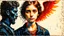 Placeholder: old worn postcard, Portrait Light and darkness in one person, angel and demon in one person, abstract art additional colors small details,