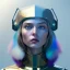 Placeholder: woman, rounded face, blue, round grunge helmet, decorative color feathers, retro futuristic, latex coat, soft color, highly detailed, art stations, concept art, smooth, unreal engine 5, god rays, ray tracing, RTX, lumen lighting, ultra detail, volumetric lighting, 3d, finely drawn, high definition, high resolution.