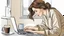 Placeholder: stockphoto about a woman a woman hiding under the bed and working on a laptop, she has half-length brown hair and wearing pajamas , pale light, half socks and a mug of coffee next to her, high detalied, sharp focus, high realistic photo, perfect shot