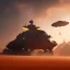 Placeholder: volumetric desert environment, Ralph McQuarrie style painting, armored hovercraft, floating in the air, highly detailed, renderman, duststorm at sunrise