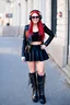 Placeholder: pretty 30 years old woman, red long haired, nice smile, sunglasses, headphones, nice body, big bubs and nice legs, little leather jacket, skirt and boots rocker fashion