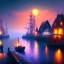 Placeholder: Fantasy city, cove, dock, night, large