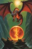 Placeholder: dragon attacking a magic orb full of dragon fire. dragon with huge cloned wings. perfectly drawn claws. fantasy setting. . painted by Jeff Easley