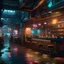 Placeholder: a coffeehouse in Blade Runner futuristic retrowave colors hq 4k hazy booths photorealistic crowded