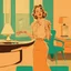 Placeholder: woman in messy blouse pointing to her neck, 1950s architecture interior house, art deco furniture visible. peach orange and cyan interior