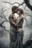 Placeholder: Multiple entanglements between a twisted thin piece of cloth as part of many twisted and spiraling branches disappearing into the distant mist, epic photo, 2 beautiful lovers are embracing, stunning tattoos that intwine with eachothers tattoos,sharp on highly detailed skin with wrinkles and high contrast, photorealistic, explosion of extacy,4K, 3D, realism, hyperrealism, detail, good lighting, detailed texture, modern photography style, 3D, 4D, 4K