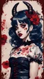 Placeholder: Poster in two gradually, a one side malevolent goth vampire girl face and other side the Singer Melanie Martinez face, full body, painting by Yoji Shinkawa, darkblue and sepia tones, wears a smart shirt which is embroidered with red flowers and ornaments, has dark eyes and horns