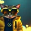 Placeholder: Cat toddler, steampunk headphone, sunglass, gangsta neckless, full body, yellow puffer jacket, tokio background, dramatic lighting, hyper realistic, unreal engine 5, 16k