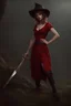 Placeholder: a young witch in a red low-cut short skirt, with a sword in one hand, photorealistic, delicate detail.