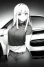 Placeholder: blonde young girl inside car, greyscale