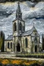 Placeholder: A gray monastery made out if steel painted by Vincent van Gogh