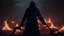 Placeholder: a black hooded faceless monster in hells graveyard, holding a scythe, reaper, amazing fire art, ray tracing, realistic fire sharp focus, long shot, 8 k resolution, cinematic